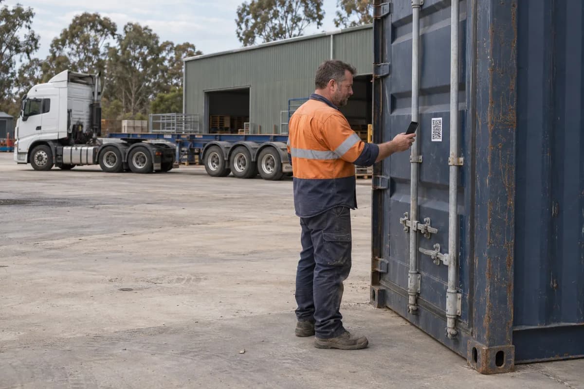 Driver using a phone at a QR label on a shipping container in an Australian transport yard