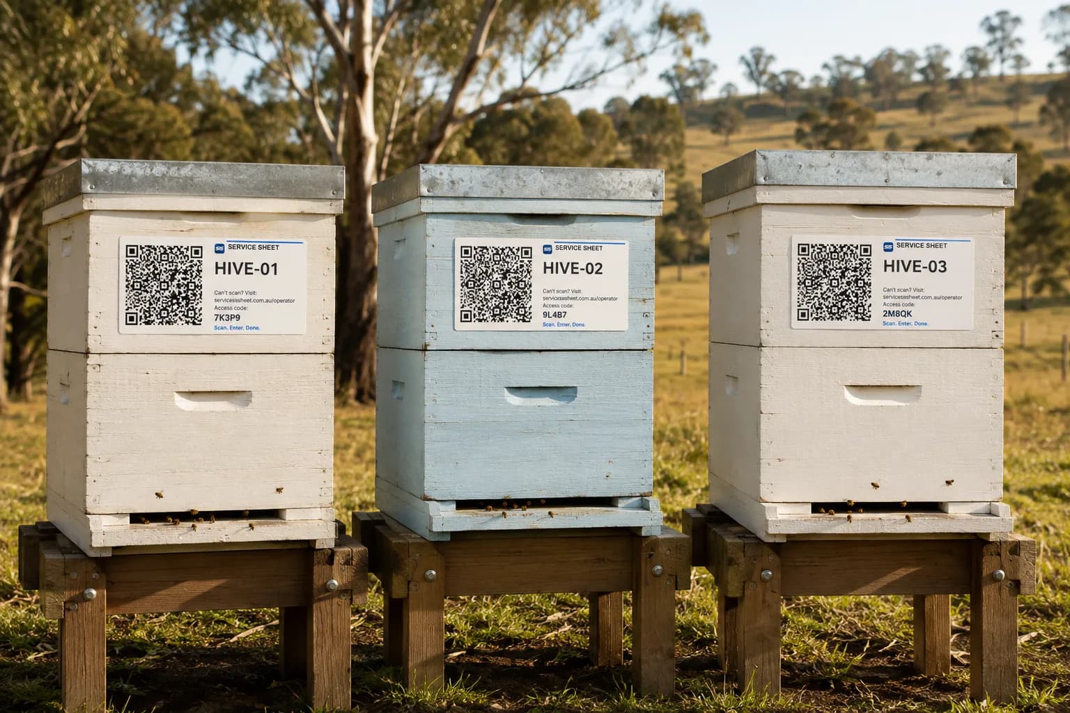 Three commercial bee hives fitted with Service Sheet QR asset labels.