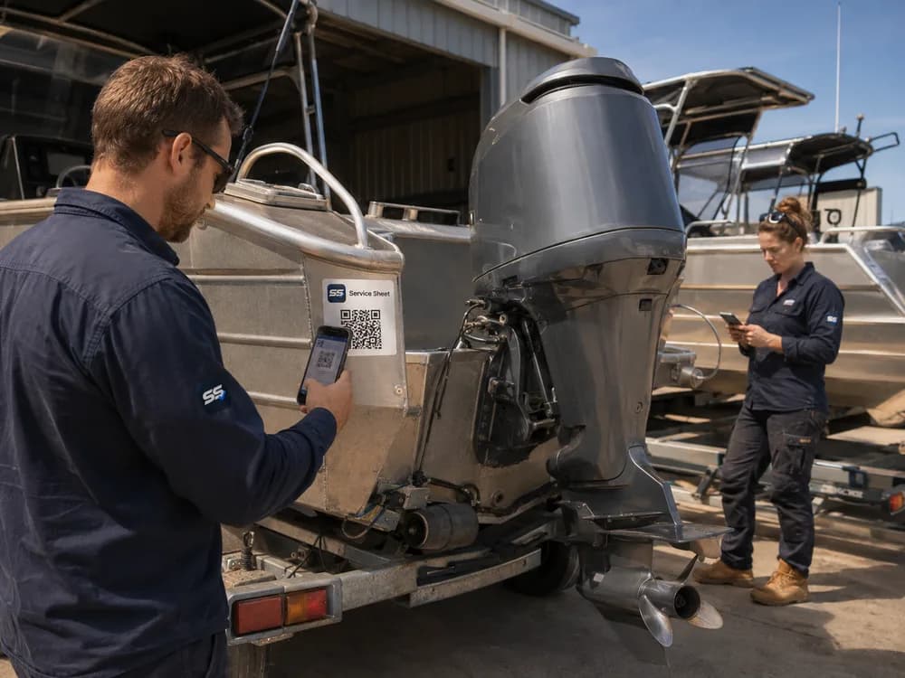 Illustrative scene of a marine technician scanning a Service Sheet QR label beside a boat's outboard motor, with another technician behind.