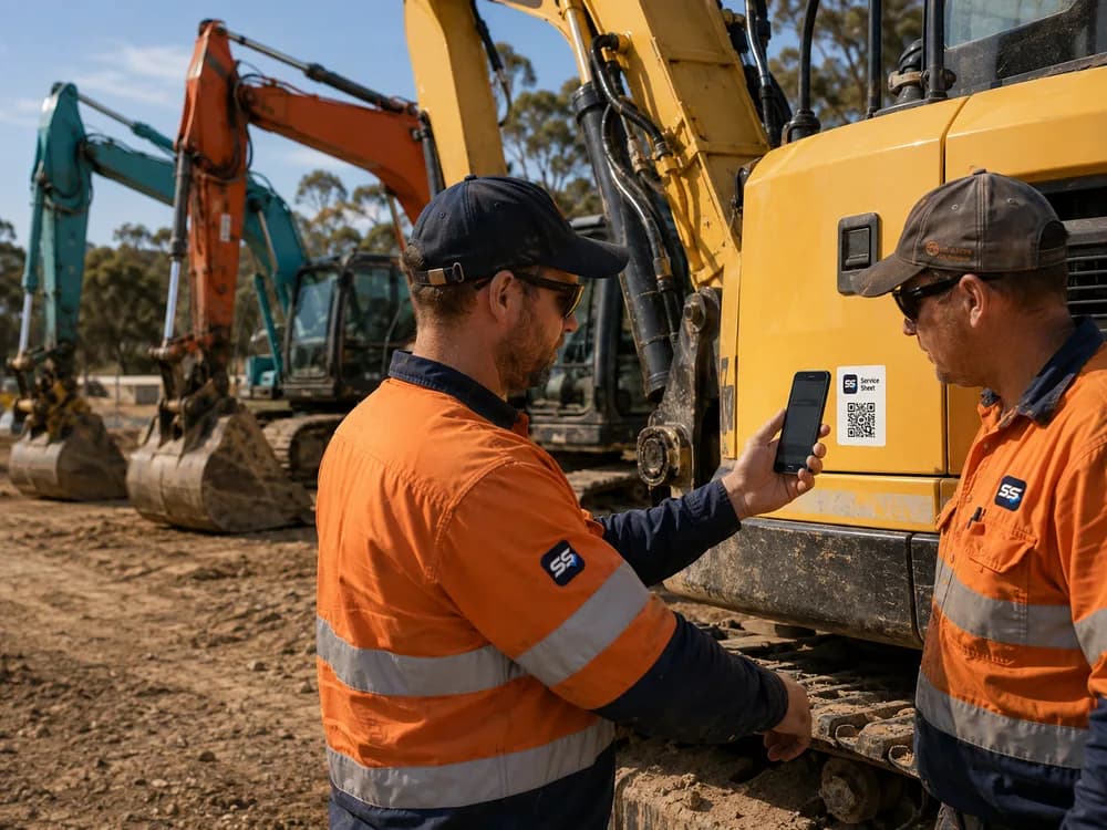 Illustrative scene of an operator and supervisor beside a Service Sheet QR label on an excavator, with two parked excavators behind.