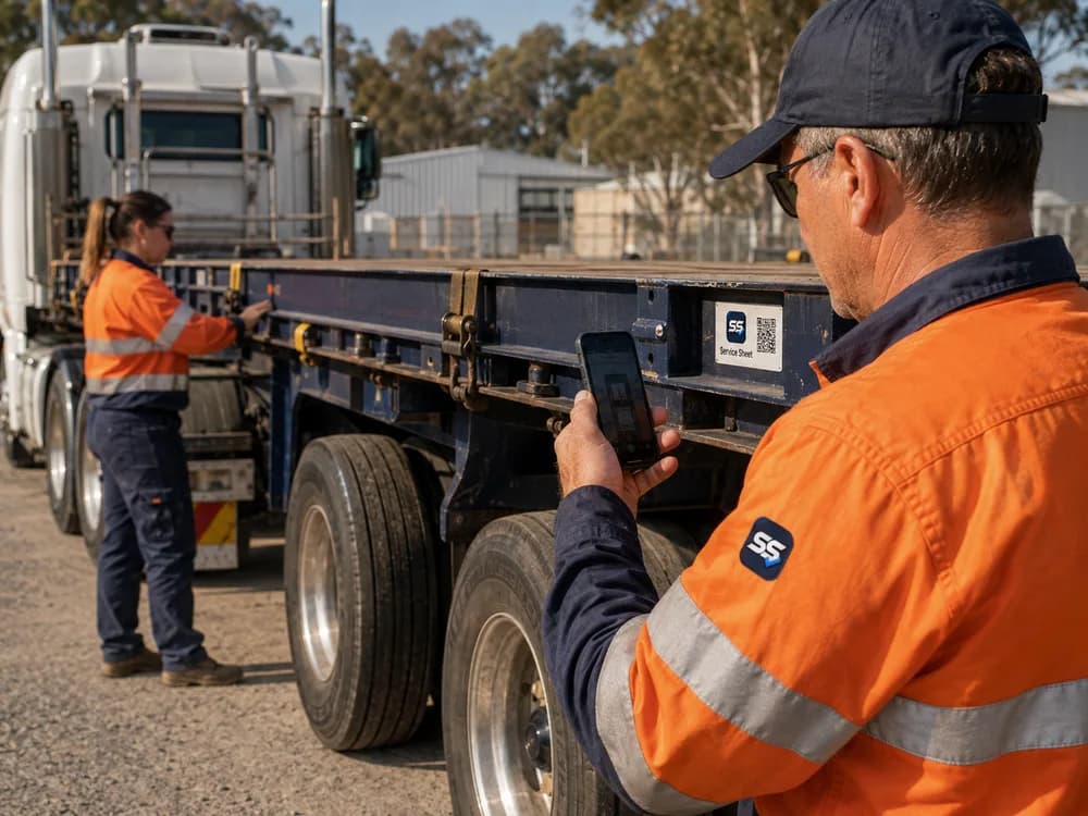Illustrative scene of a yard operator scanning a Service Sheet QR label on a commercial trailer while a colleague checks its side.