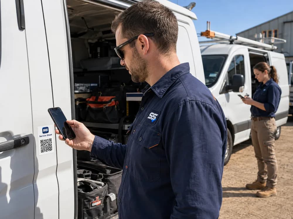 Illustrative scene of a technician using a phone beside a Service Sheet QR label on a work van, with a colleague and second van behind.